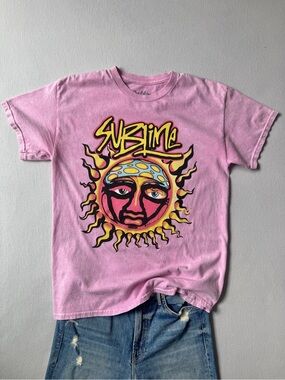 Sublime Pink Sun Graphic Band Tee Y2K Style Cotton T-Shirt
